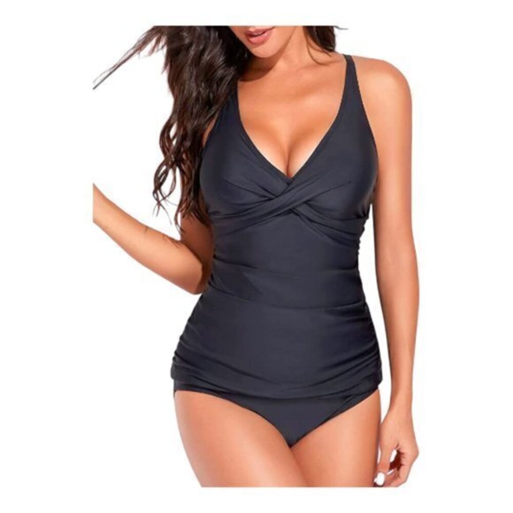 Women's Black Front Twist Tankini Ruched Two Piece Swimsuit Size Small NWT #1016